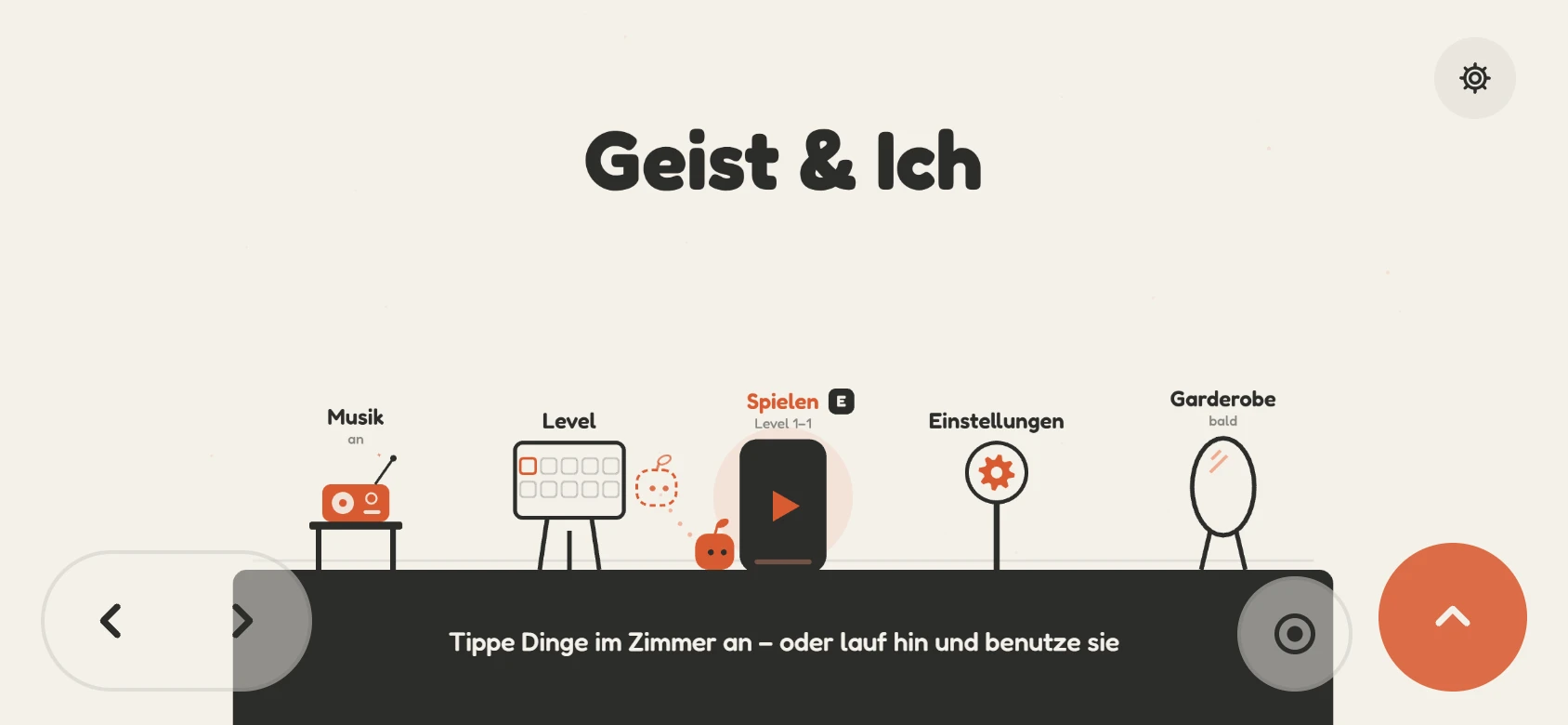 Das Zimmer im Spiel: Radio, Levelübersicht, eine Tür zum Spielen, Einstellungen und ein Spiegel.
